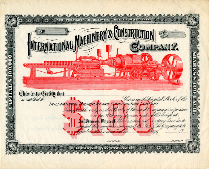 International Machinery and Construction Co. - Unissued Virginia Stock Certicate